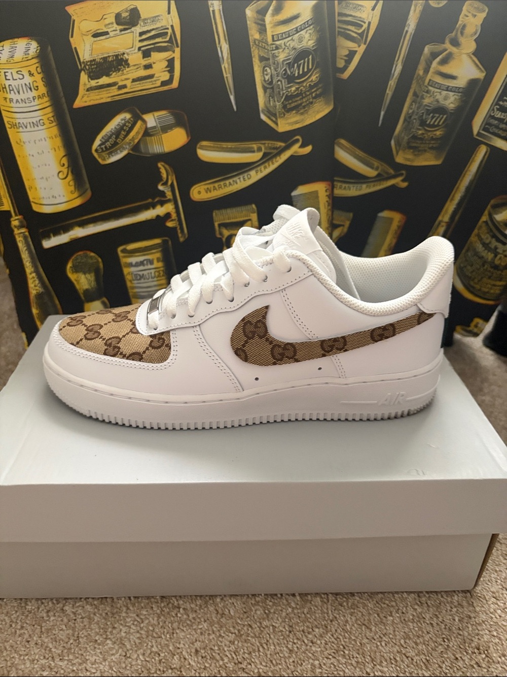 Nike White Leather Low-Top Sneakers with Brown Monogram Panels